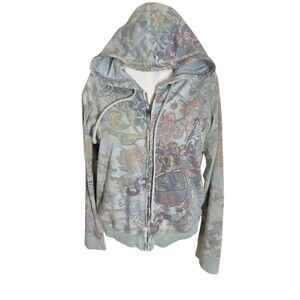 One World VTG Floral Graphic Hoodie Zip Up Hoodie Rhinstone detail Green Sz M